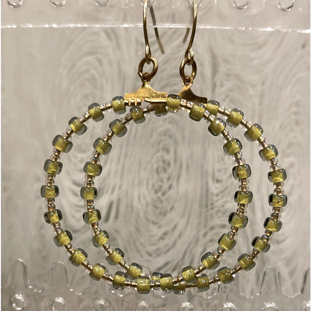 Handmade 1” green beaded hoop earrings